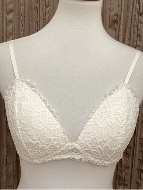 Mae Lace Plunge Bra in ivory, frayed lace trim, lined inside, adj straps, Medium